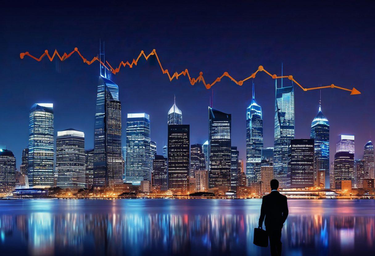 A dynamic city skyline at dusk, with rising property graphs and trend arrows overlaid in the foreground. Include silhouettes of property managers discussing strategies, while investors analyze data on digital screens. The color palette should be vibrant with blues and oranges to evoke energy and excitement about market trends. super-realistic. vibrant colors. 3D.