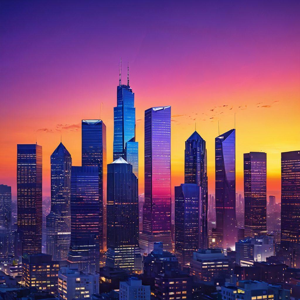 A dynamic city skyline featuring diverse types of real estate from modern skyscrapers to cozy homes, with dynamic arrows indicating upward market trends. Include charts and graphs integrated into the scene, showcasing rising statistics and vibrant colors symbolizing growth and success. The sky should have a gradient reflecting dawn, indicating new opportunities. super-realistic. vibrant colors.