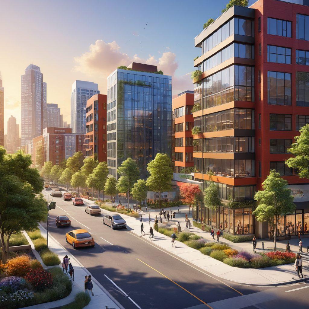 A dynamic city skyline blending residential and commercial buildings, showcasing a contrast between cozy homes and bustling office spaces. Include diverse people engaging in business discussions and families enjoying the park, symbolizing community and opportunity. Use a bright, optimistic color palette to evoke a sense of growth and potential. super-realistic. vibrant colors.